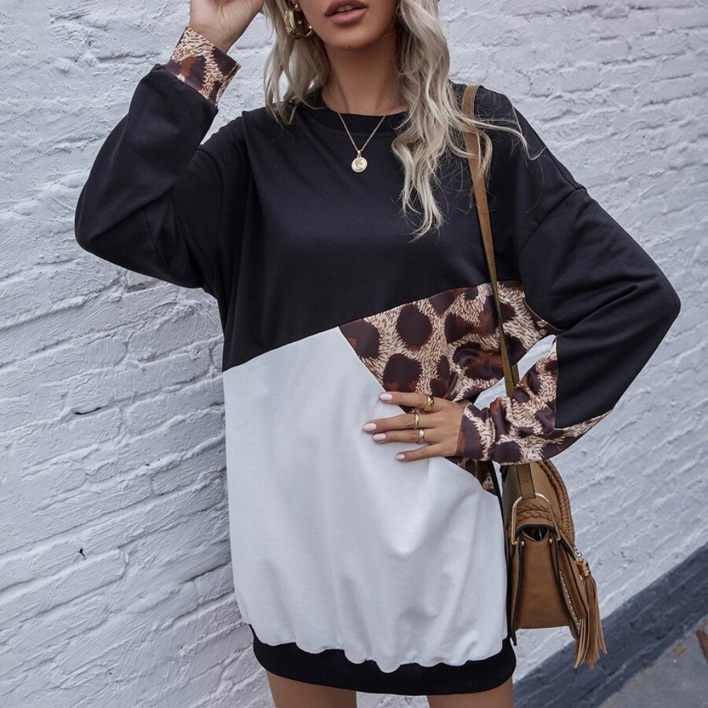 Color block black leopard print oversized dress - Picture 1 of 4